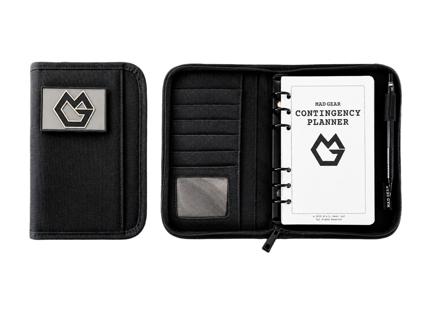 MAD Gear V3 Contingency Planner shown closed alongside its open interior with stone paper pages, dividers, and card slots.